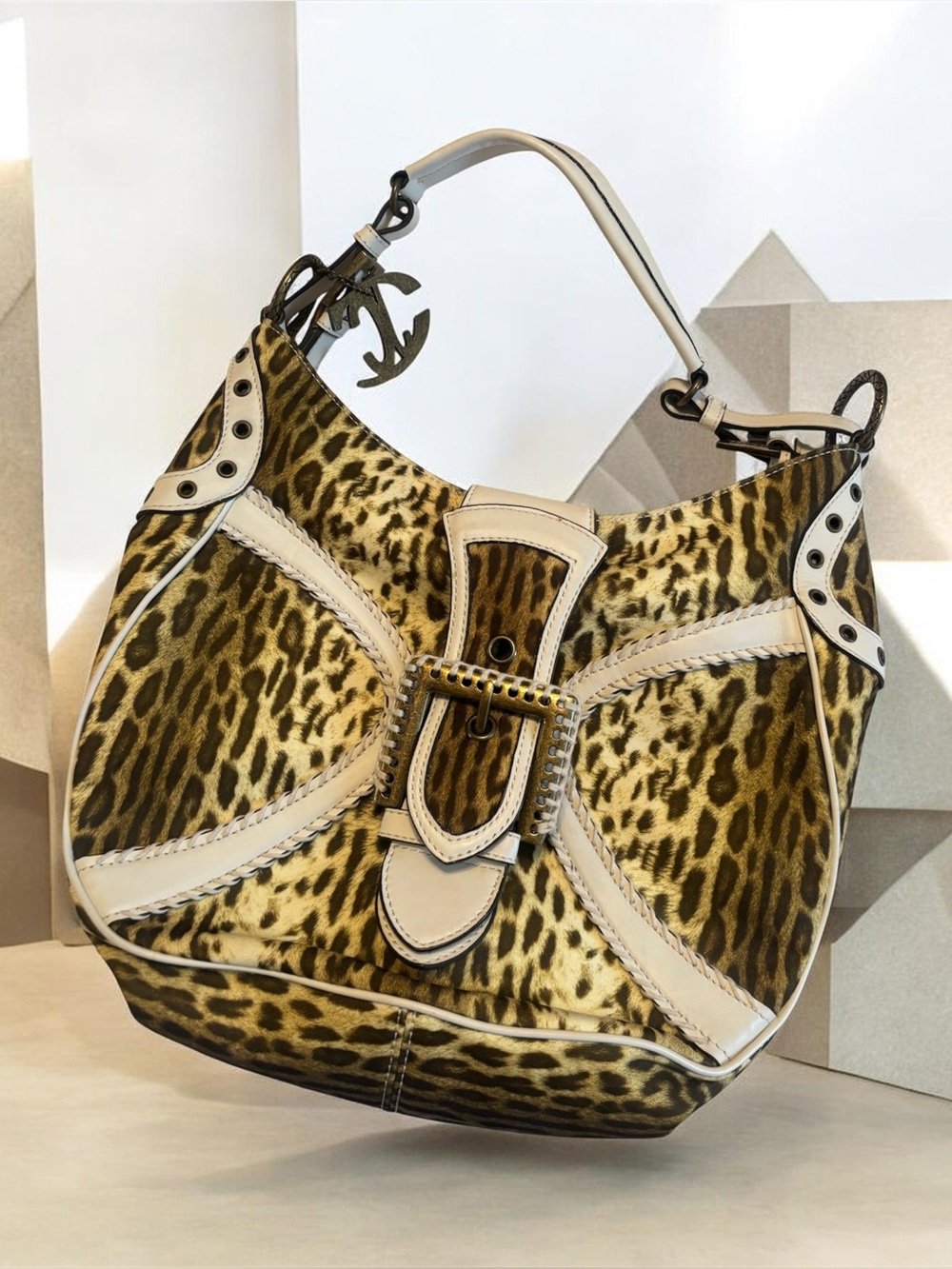 Just Cavalli Leopard Print Bag with white 
leather Trim - Italian Designer